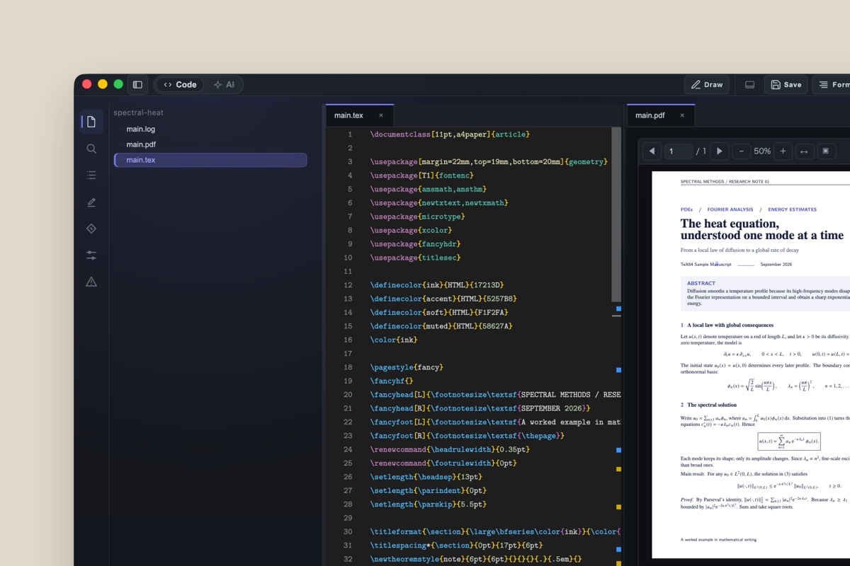 TeX64のエディタ画面。LaTeXのソースと組版したPDFを並べて表示している